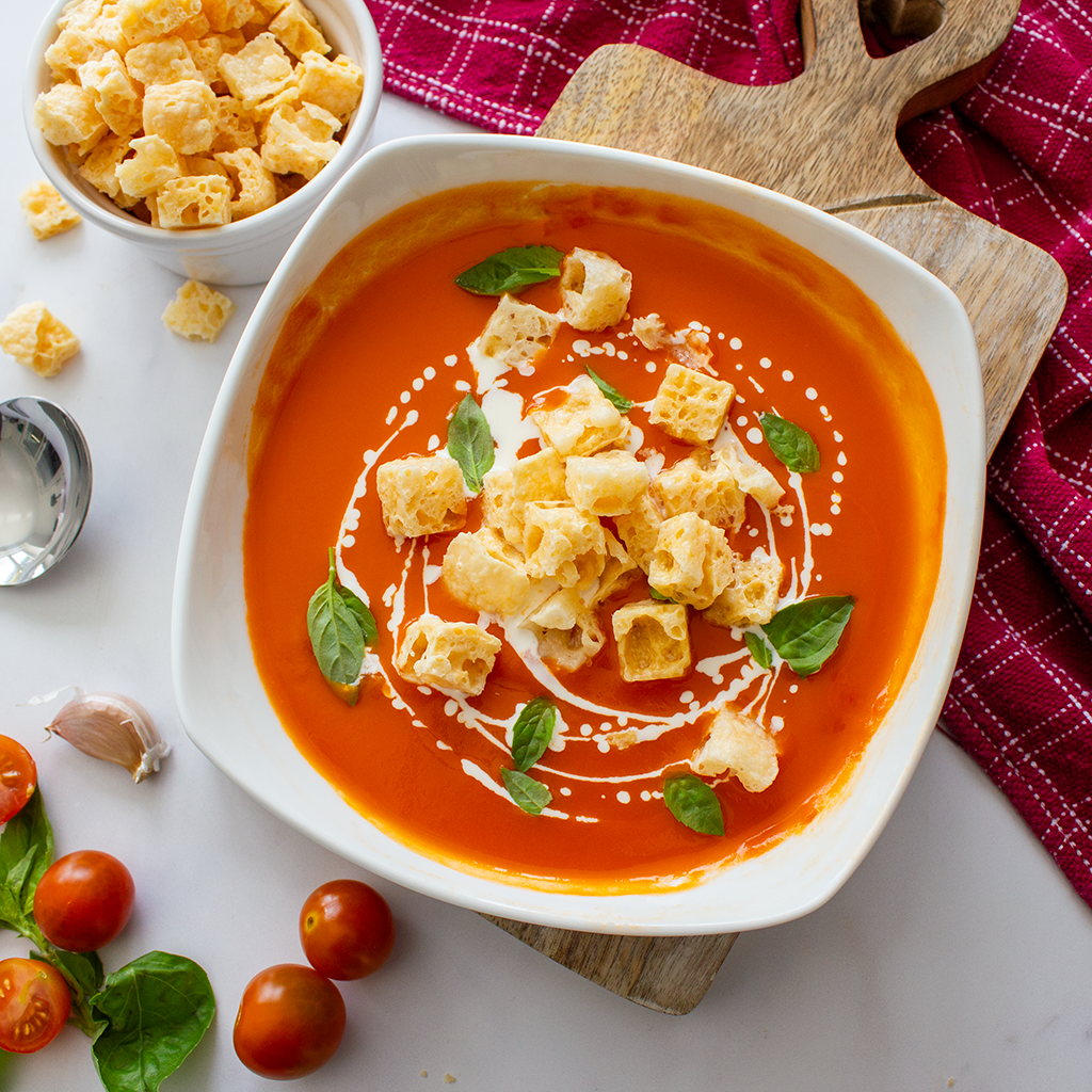 Tomato Soup with Munchie’s Crunchies | High-Protein Vegetarian Comfort Food